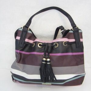 Liz Claiborne Multicolor Striped Double Strapped Gold Accent 3 Compartment Purse